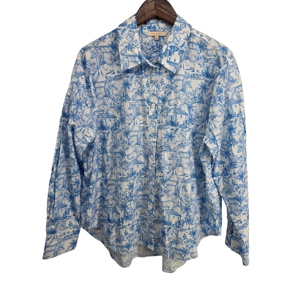 Skies Are Blue Tropical Village Button Up Shirt Blue White Size Medium